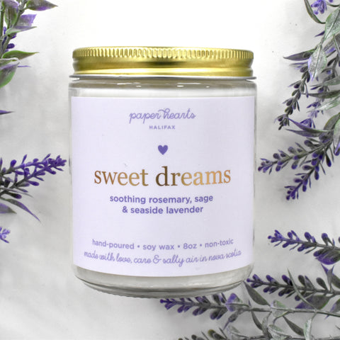 Sweet dreams candle in a jar scented like soothing rosemary, sage, and seaside lavender. 