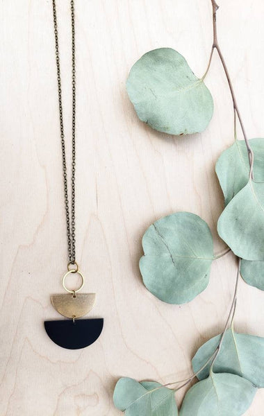 Geometric Brass Black Stacked Half Moon Leather Necklace