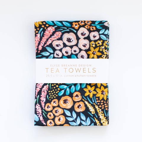 Black Floral Tea Towel