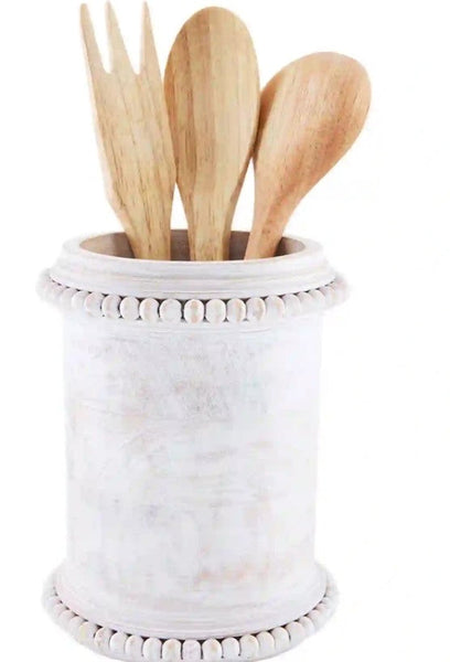 White Bead Wood Utensil Holder